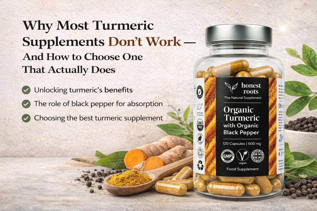Organic turmeric supplement capsules with black pepper for absorption and joint support